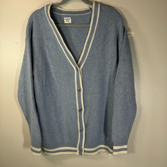 Aritzia Sunday Best Ellis Cardigan wool sweater blue white oversized Small prep - Picture 4 of 13